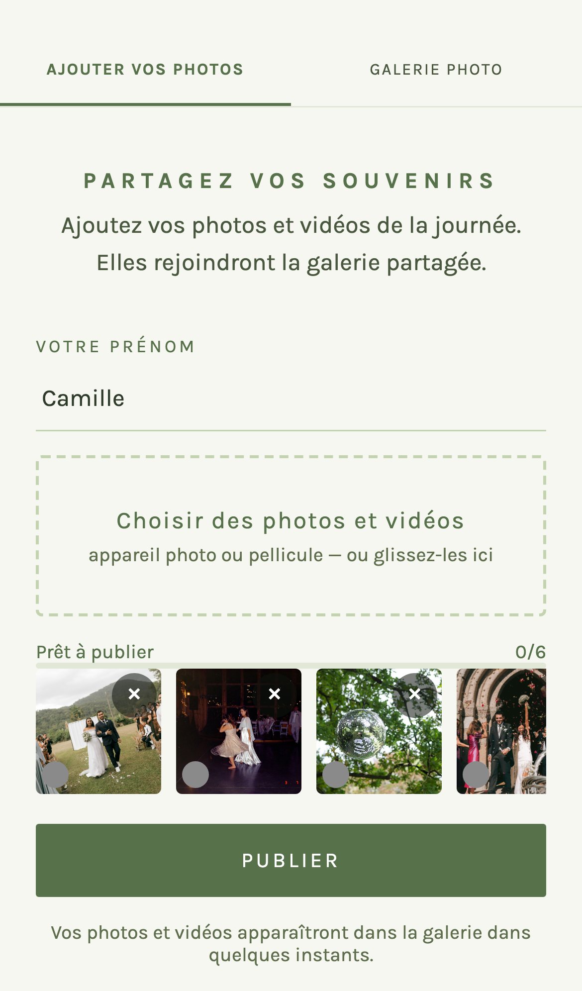 L'écran d'envoi de photos sur un téléphone, habillé de la palette Sauge & Ivoire